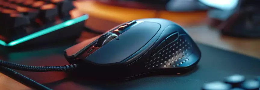 A gaming mouse sitting atop a mouse pad next to a light-up keyboard